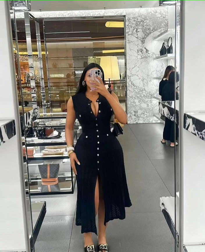 Black sleeveless knit maxi dress with front buttons and V neckline