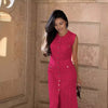 Rose-red sleeveless knit maxi dress with front buttons and textured fabric