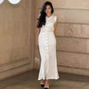 Elegant Sleeveless Knitted Lace Button-Front Maxi Dress with Decorative Pockets