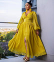 Yellow puff-sleeve maxi evening dress with V-neck bodice and front slit