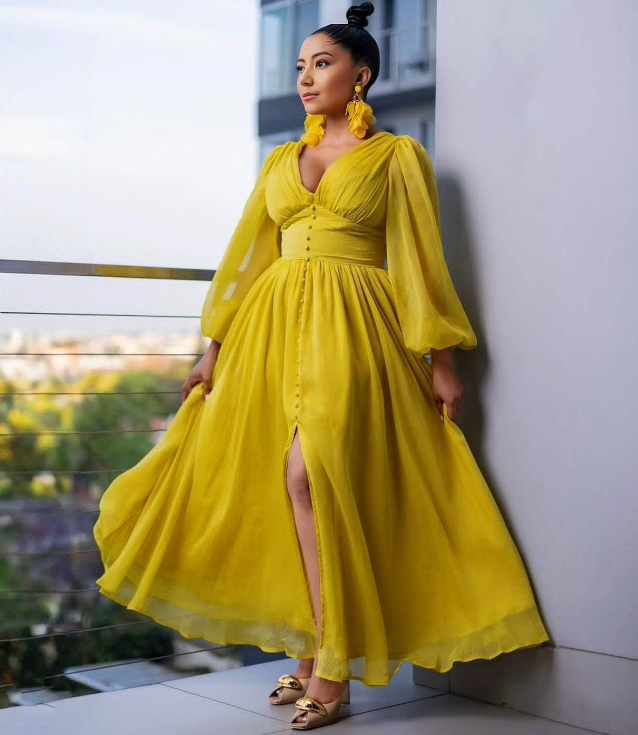 Yellow puff-sleeve maxi evening dress with V-neck bodice and front slit