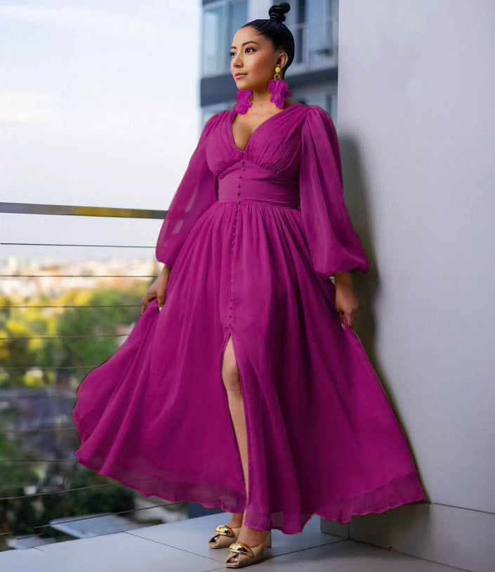 Purple puff-sleeve maxi evening dress with V-neck bodice and front slit