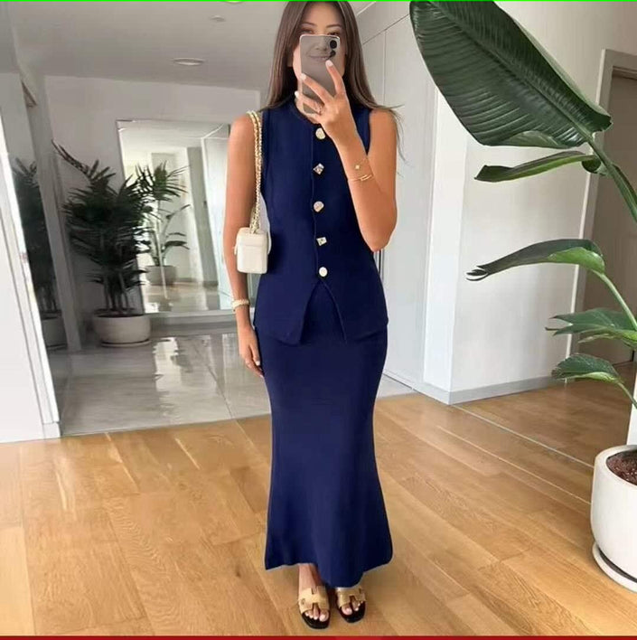 Fashionable and Elegant Knitted Sleeveless Cardigan and Long Skirt Two-Piece Set
