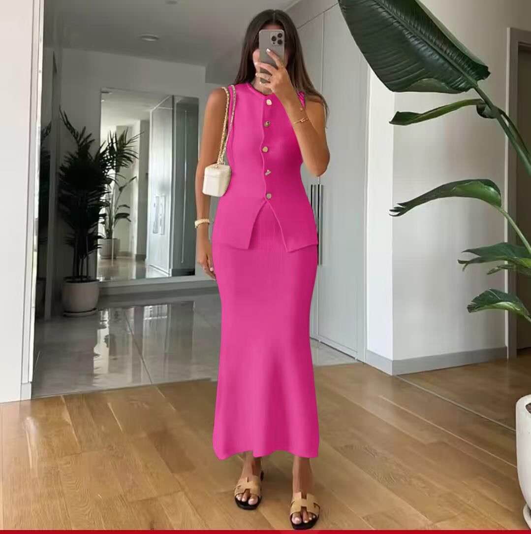 Deep-pink sleeveless knit cardigan set with button front and matching long skirt