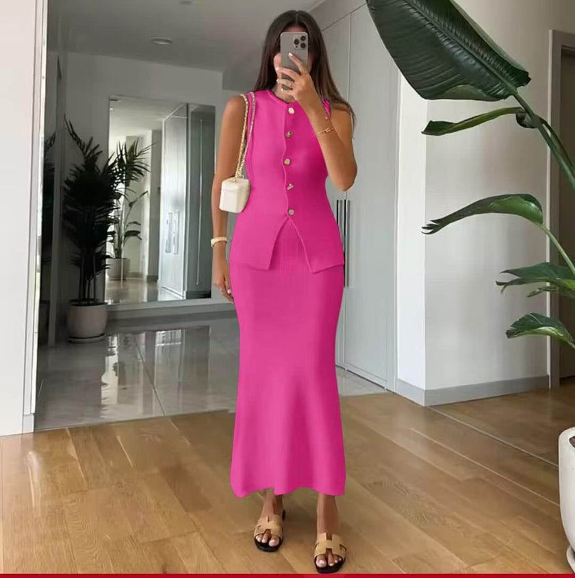 Deep-pink sleeveless knit cardigan set with button front and matching long skirt