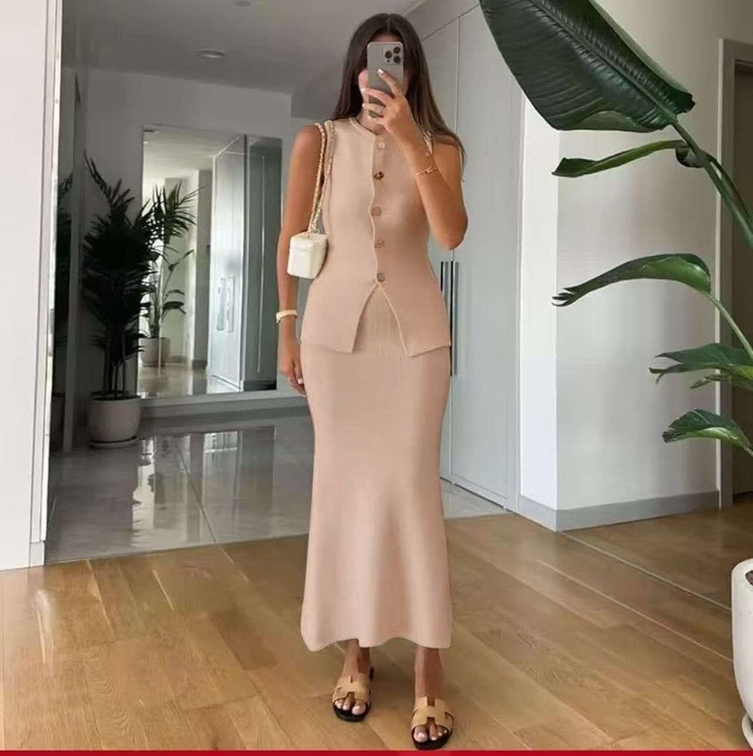 Beige sleeveless knit cardigan set with button front and matching long skirt