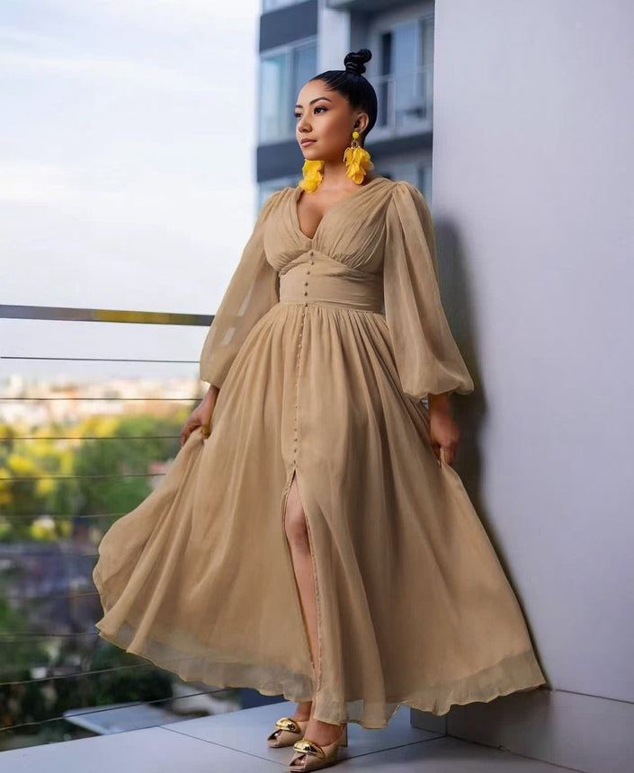 Khaki puff-sleeve maxi evening dress with V-neck bodice and front slit