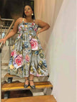 Floral maxi dress with wide straps, gathered bodice, full skirt in blue and rose prints