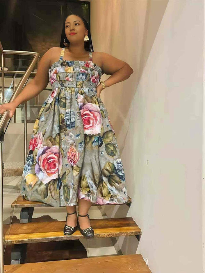 Floral maxi dress with wide straps, gathered bodice, full skirt in blue and rose prints