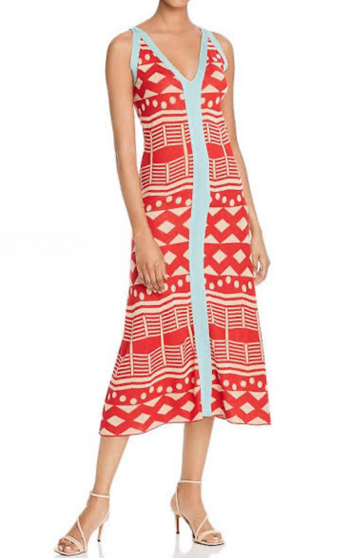 Red and white geometric knit midi dress with V-neck, sleeveless, front button placket