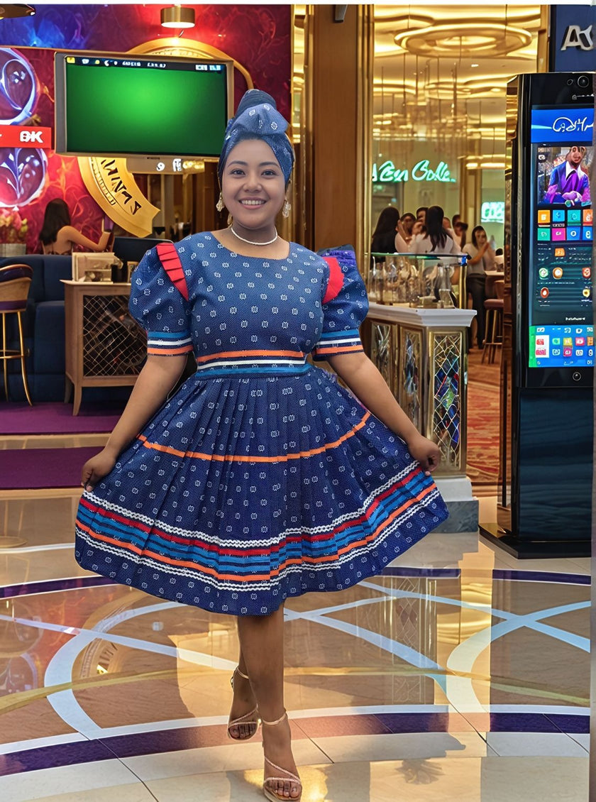 Traditional African Puff Sleeve Dress with Stripe Accents