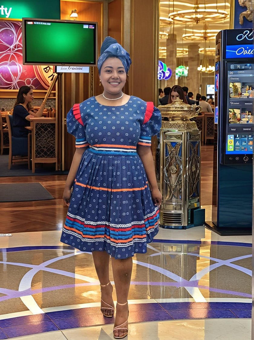 Traditional African Puff Sleeve Dress with Stripe Accents