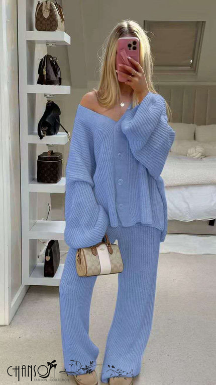 Sky blue knit twin set: V-neck button cardigan with matching wide-leg pants