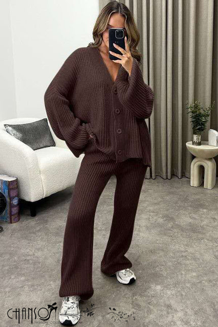 Coffee knit twin set: button cardigan and wide-leg pants, oversized fit