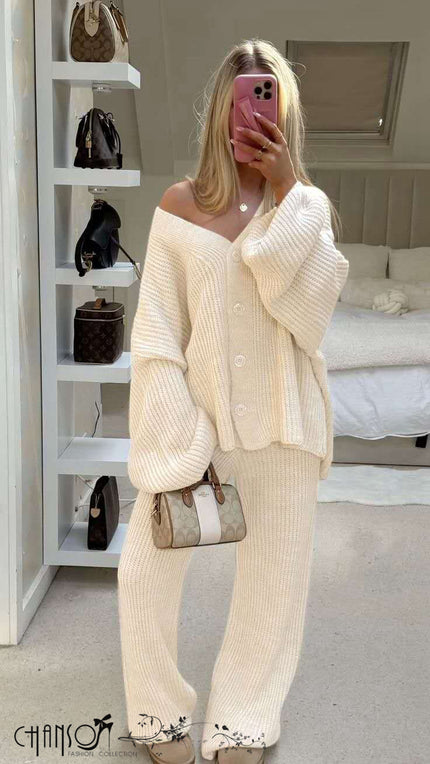 Cream knit twin set: button cardigan with V-neck and wide-leg pants