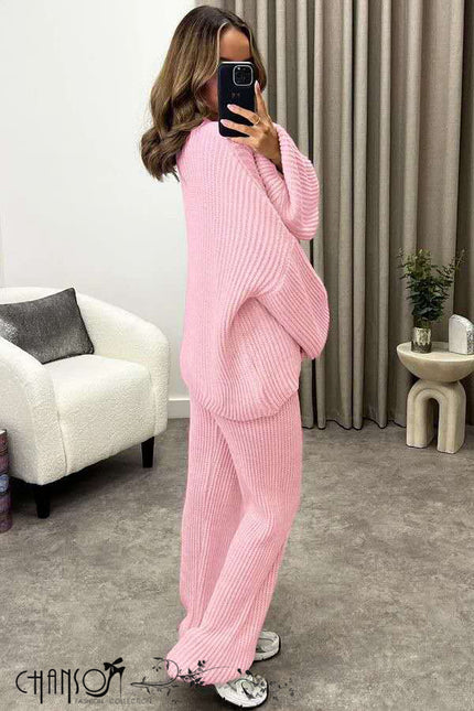 Pink knit twin set: oversized button cardigan and relaxed wide-leg pants