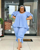 Light blue ruffle-sleeve two-piece set with layered top and drawstring waist pants