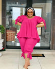 Deep pink ruffle-sleeve two-piece set with layered top and drawstring waist pants