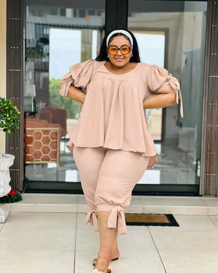 Peach ruffle-sleeve two-piece set: layered top and drawstring waist pants