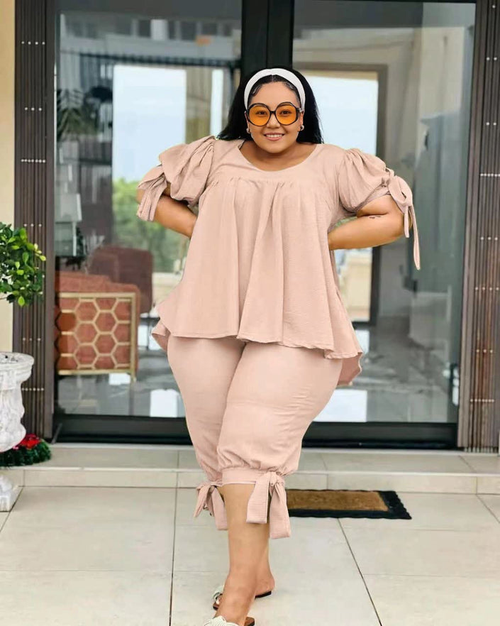 Peach ruffle-sleeve two-piece set: layered top and drawstring waist pants