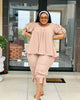 Peach ruffle-sleeve two-piece set: layered top and drawstring waist pants
