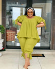 Green ruffle-sleeve two-piece set with layered top and drawstring waist pants
