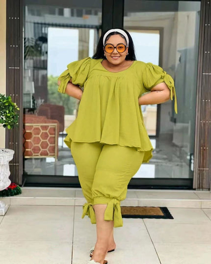 Green ruffle-sleeve two-piece set with layered top and drawstring waist pants