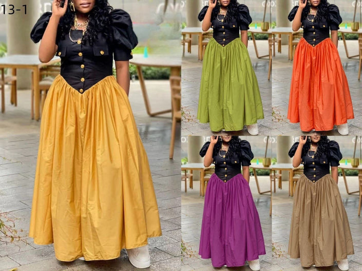 Puff-Sleeve Dress with Button Accents and Maxi A-Line Skirt