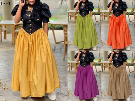 Puff sleeve maxi dress with black button bodice and pleated A-line skirts in assorted colors
