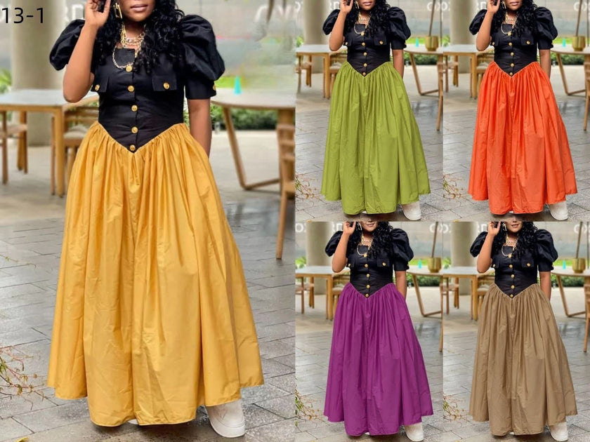 Puff sleeve maxi dress with black button bodice and pleated A-line skirts in assorted colors