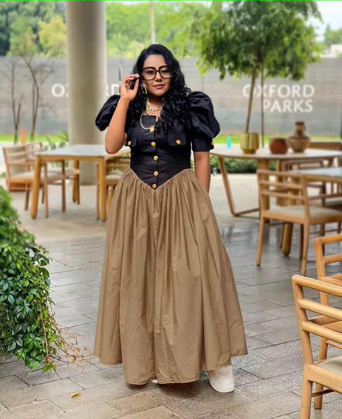Puff sleeve maxi dress with black button bodice and pleated A-line khaki skirt