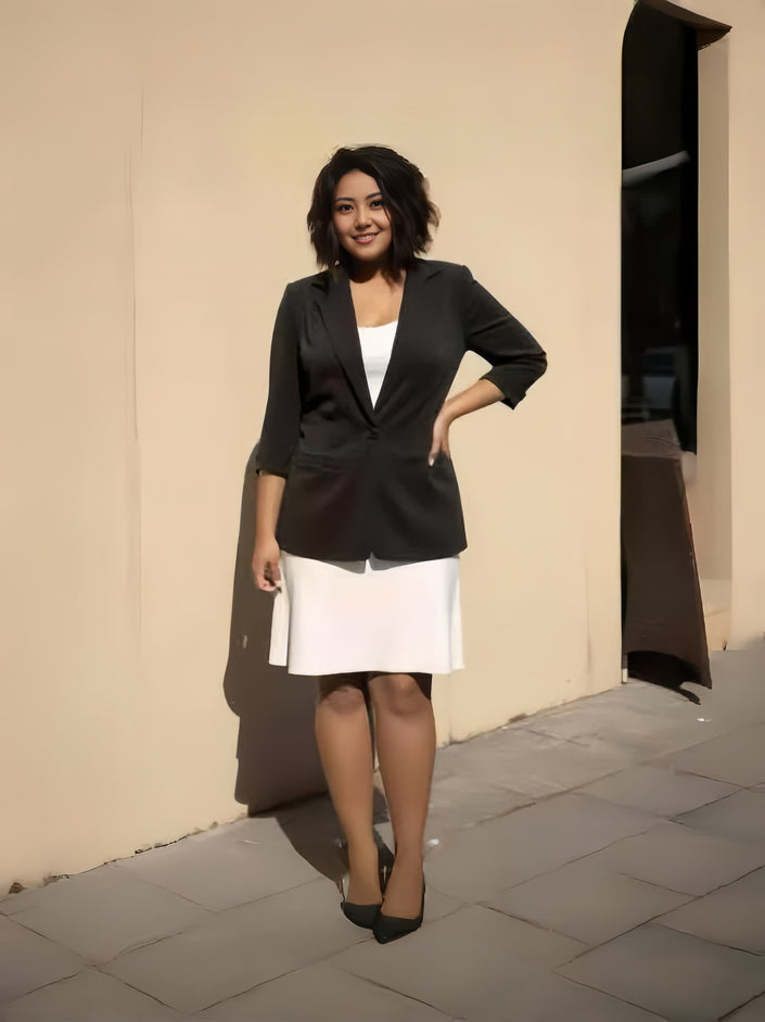 Womens slim fit blazer in black with notched lapels and 3/4 sleeves