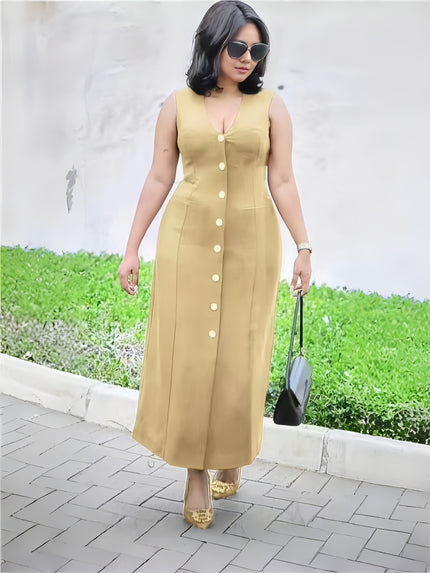 V-neck button midi dress, sleeveless, light tan with front button placket