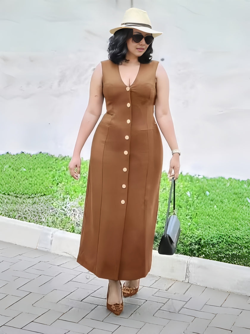V-neck button midi dress, sleeveless, brown with front button placket