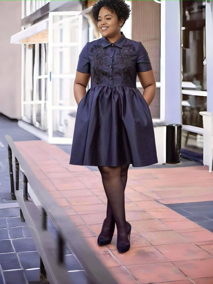 Navy fit-and-flare dress with short sleeves and button front