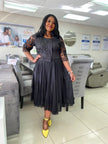 Elegant Lace Sleeve Midi Dress with Tulle Skirt