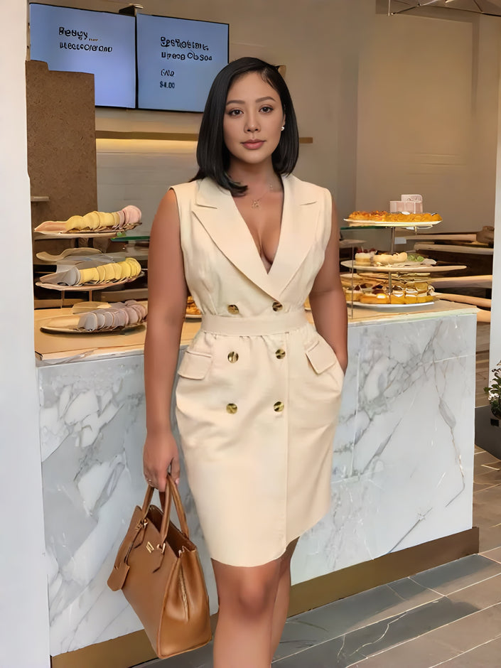 Nude sleeveless trench dress with V-neck, gold button accents