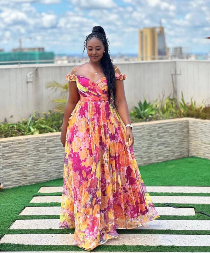 Floral maxi dress with puff sleeves, sweetheart neckline, pink and yellow