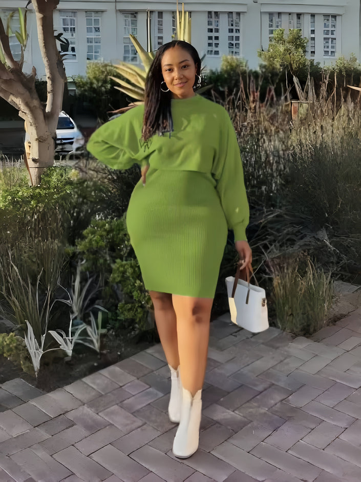 Yellow-green knit twin set: puff-sleeve top and ribbed midi dress