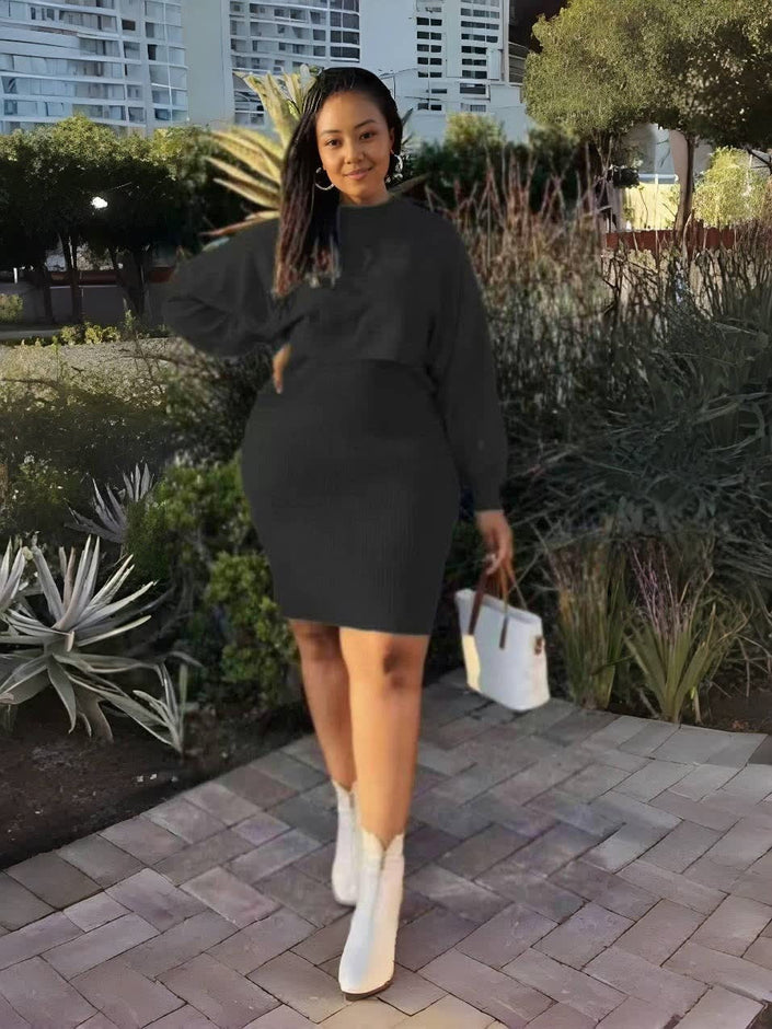Black knit twin set midi dress with puff sleeves, ribbed texture