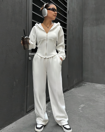 Casual Loose Hooded Zip-Up Sweatshirt Set