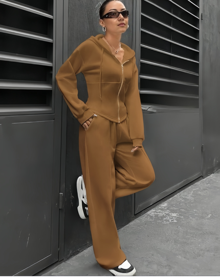 Casual Hooded Zip Sweatshirt Set Loose Fit Chic