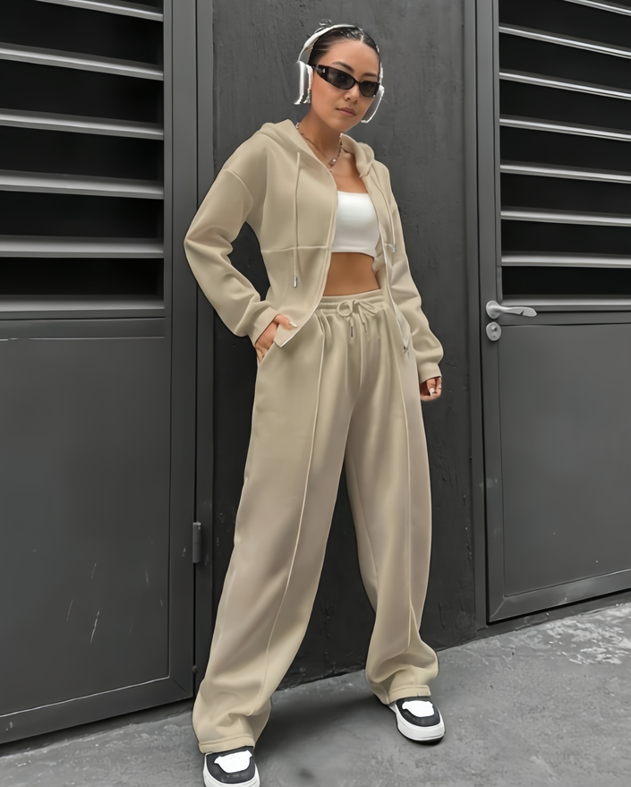 Light tan hooded zip hoodie and relaxed jogger pants set, loose fit.