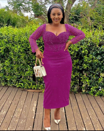Hot-pink sequin sheath midi dress, V-neck, long sleeves, pencil midi hem.
