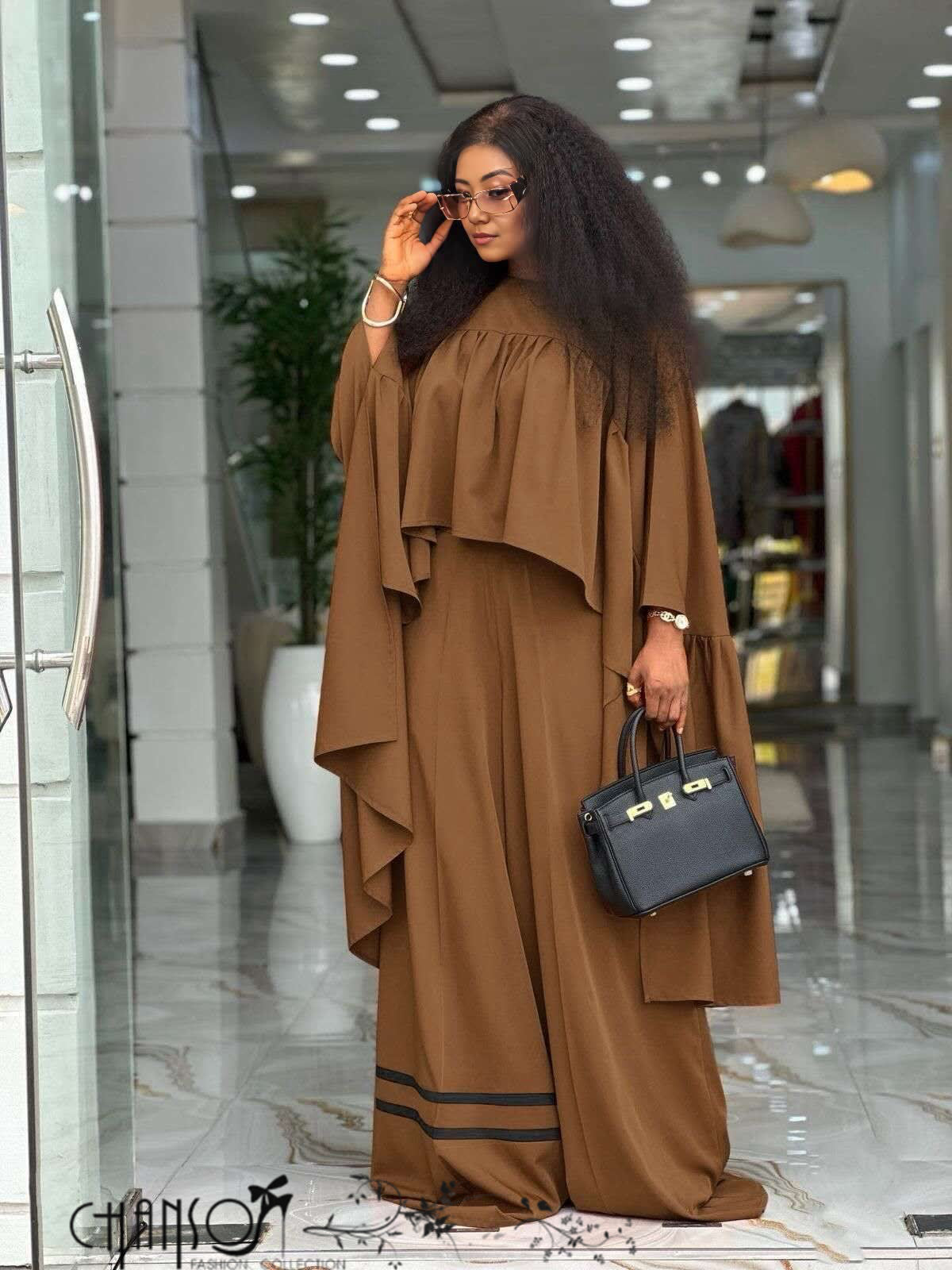 Women's solid flowy cape sleeve wide leg two piece coordinating set in multiple color options - view 3