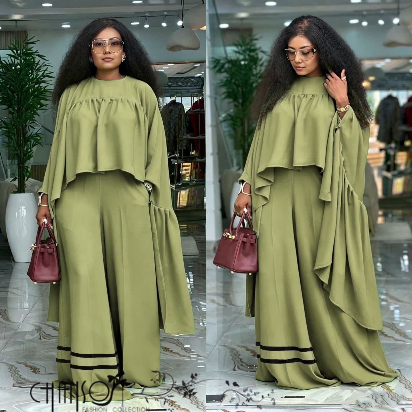 Women's solid flowy cape sleeve wide leg two piece coordinating set in multiple color options - view 4