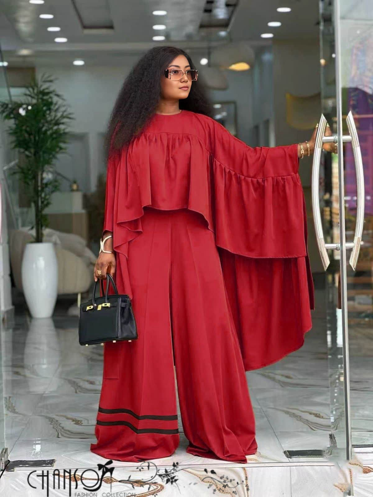 Women's solid flowy cape sleeve wide leg two piece coordinating set in multiple color options - view 1