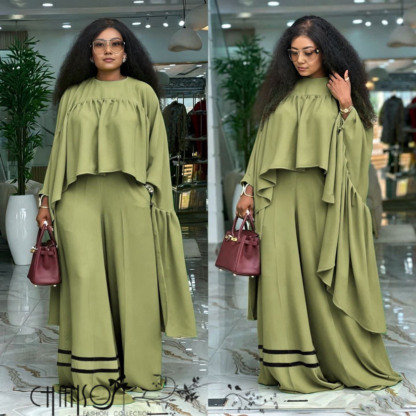 Women's solid flowy cape sleeve wide leg two piece coordinating set in multiple color options - view 4