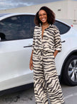Two Piece Pant Set V Neck Cuffed Sleeve Zebra Stripe Print Casual Weekend Outfit