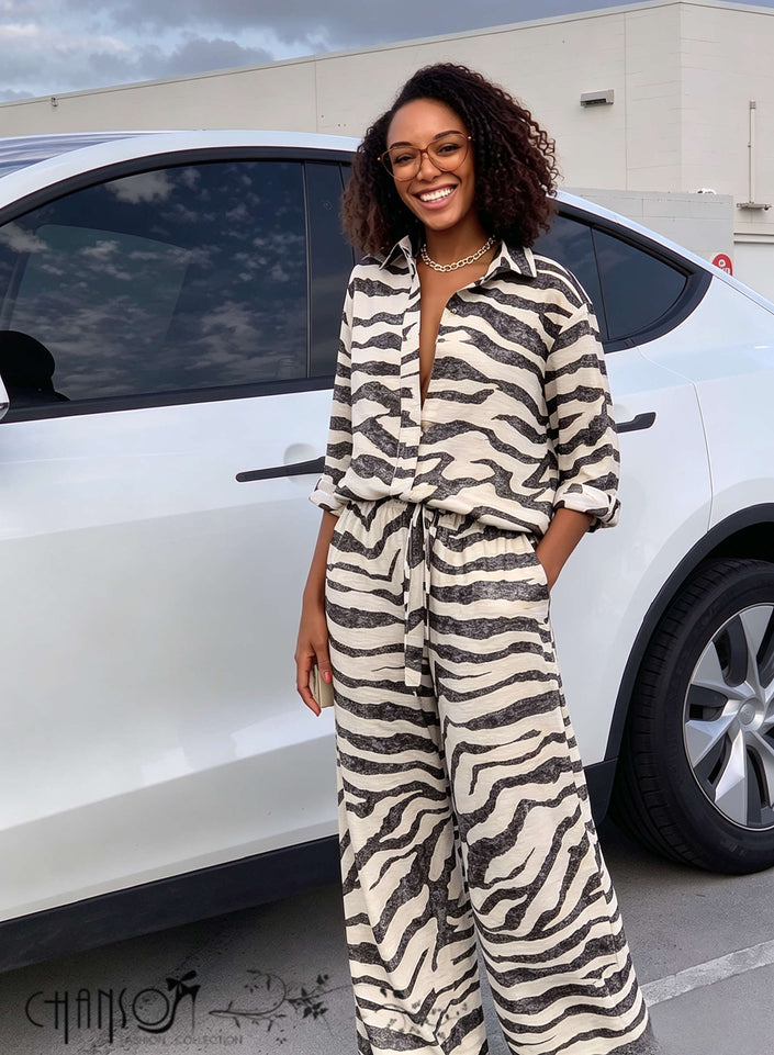Zebra-striped V-neck two-piece pant set, cuffed sleeves with tie-front, wide-leg pants